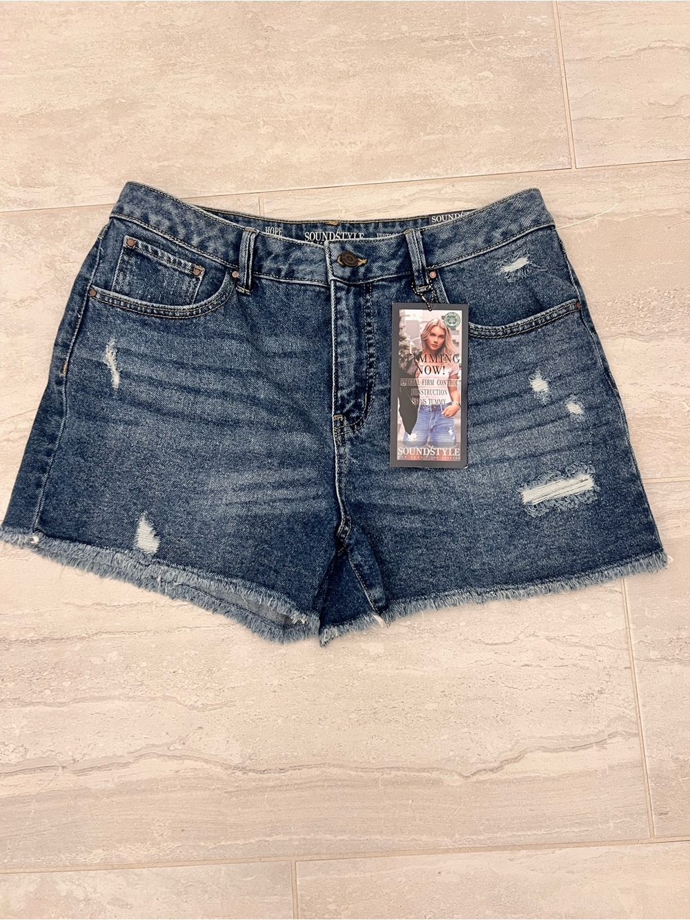 Sound and Style / Hope/ High-Rise Distressed Dark Blue Denim Shorts